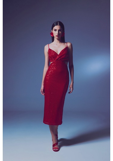 Dekolteli Payet Elbise - Kırmızı-135646 Kırmızı