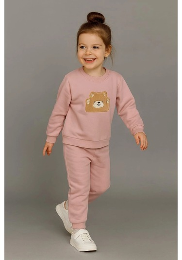 Sevimli Ayıcık Nakışlı %100 Pamuk 2 Li Çocuk Eşofman Takımı Gül Kurusu