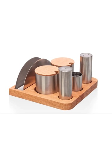 6 Bölmeli Ahşap Peçetelik Kürdanlık Tuzluk Baharatlık Seti Lokant