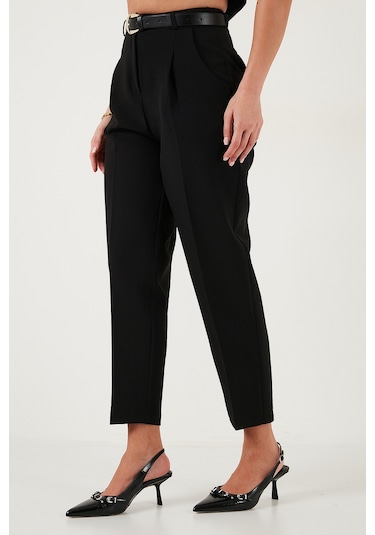 Lela Regular Fit Yüksek Bel Düz Paça Kemerli Bayan Pantolon 68350938 Siyah