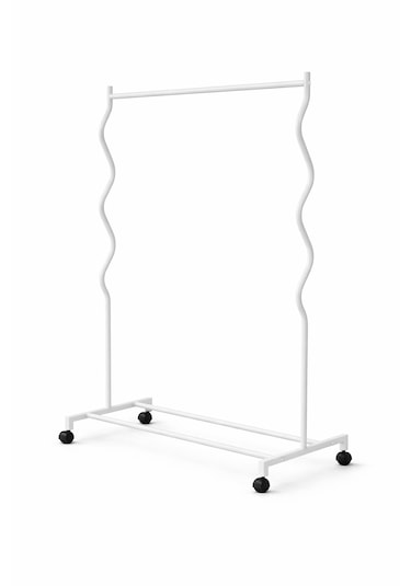 Modern Lüks Desenli Metal Tekerlekli Konfeksiyon Askılığı Kıyafet Askısı Stand Beyaz