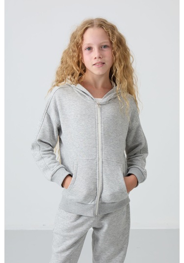 Tommy Life Gri Melanj Pamuklu İçi Tüylü Yumuşak Dokulu Standart Fit Nakışlı Kız Çocuk Eşofman Takım - 75148 Gri Melanj