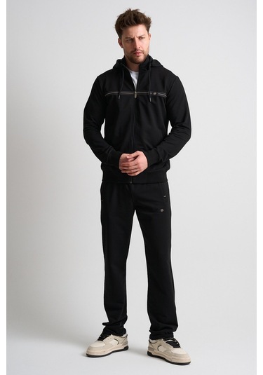 Shooter Sportswear Klasik Antrasit Erkek Eşofman Takımı Çıkartılabilir Kapüşonlu Rahat Kalıp Siyah