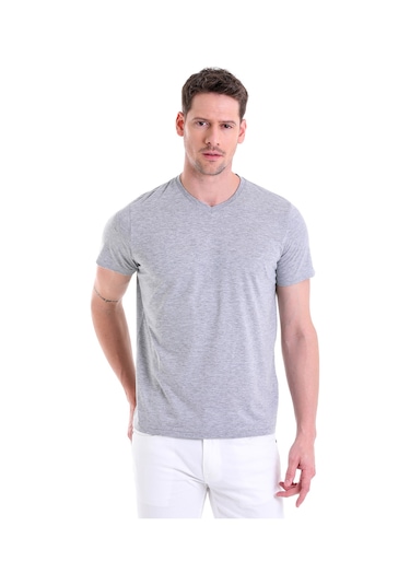 Hatemoğlu Gri Melanj Düz Slim Fit 100% Pamuk V Yaka Tişört Gri