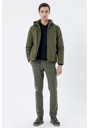 Koyu Haki Dik Yaka Astarlı Slim Fit Dar Kesim Casual Mont 1007235161-Koyu Haki