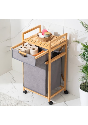Porsima 2064 2 Raflı Tekerlekli Ahşap Bambu Kirli Sepeti Ahşap