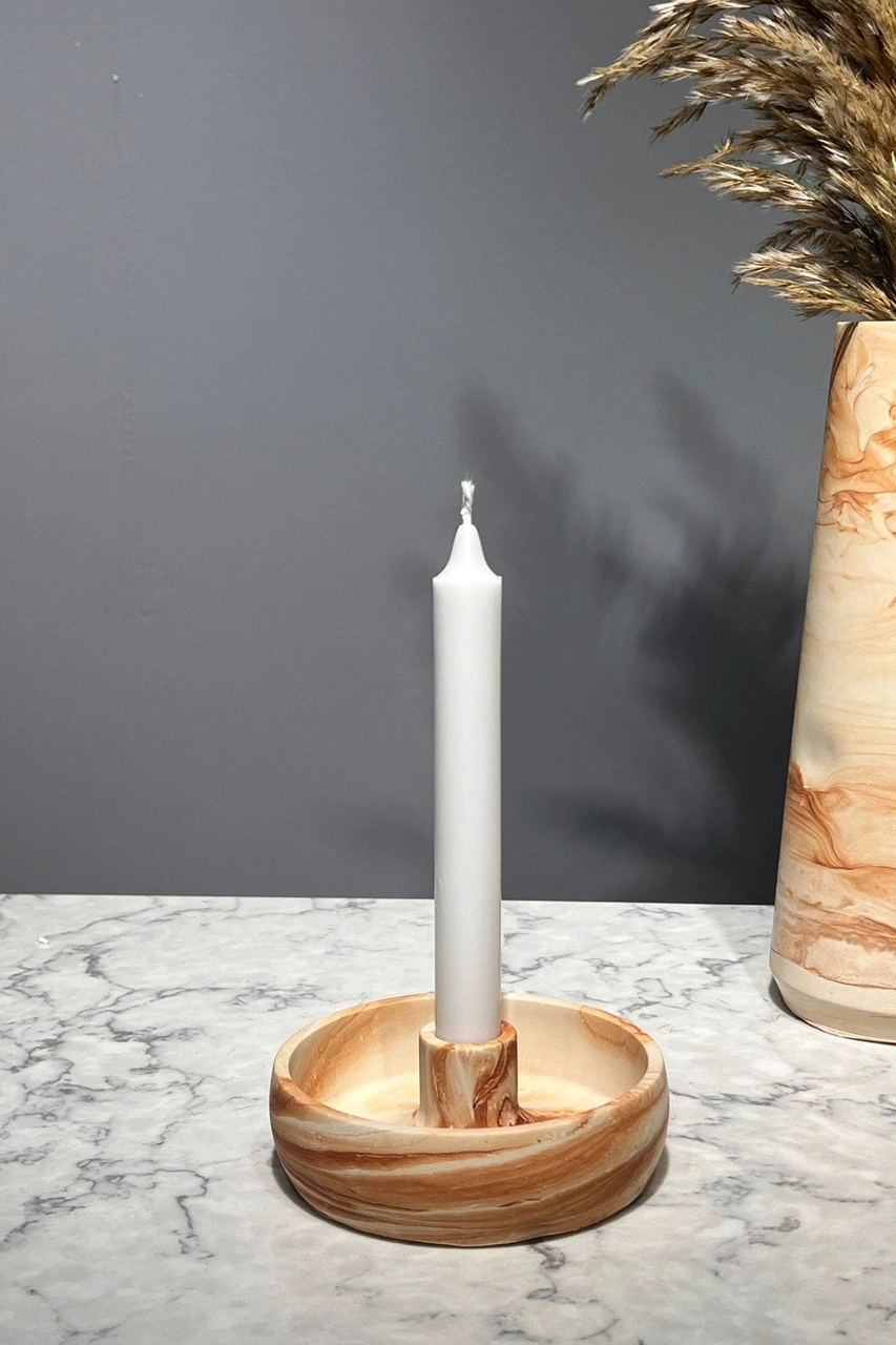 Mermer Desenli Beton Mumluk Şamdan Kahverengi