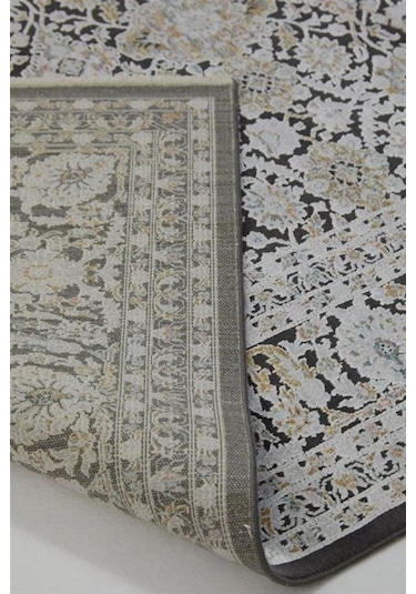 Çam Halı Buhara 3502 Siyah Romans Halı Eskitme Desenli Makine Halısı