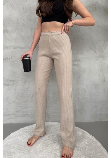 Kadın Vizon Yüksek Bel Fitilli Bol Paça Günlük İnce Eşofman Altı Vizon