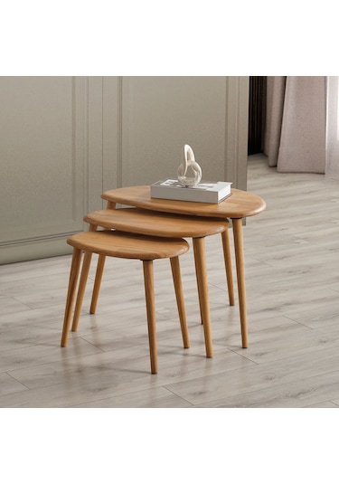 Masif Doğal Ahşap Zigon Sehpa 3'lü Set, Modern Masif Yan
