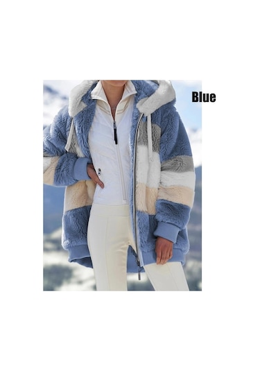 Kış Kadın Moda Kapşonlu Sıcak Gevşek Ceket Kadınlar İçin Patchwork Giyim Fermuar Bayanlar Artı Boyutu Kazak Mavi