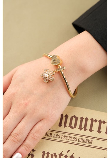 Çildan Womens Gold Özel Tasarım Zirkon Taşlı Çiçek Ve Kalp Detayl Altın - Gümüş - Rose