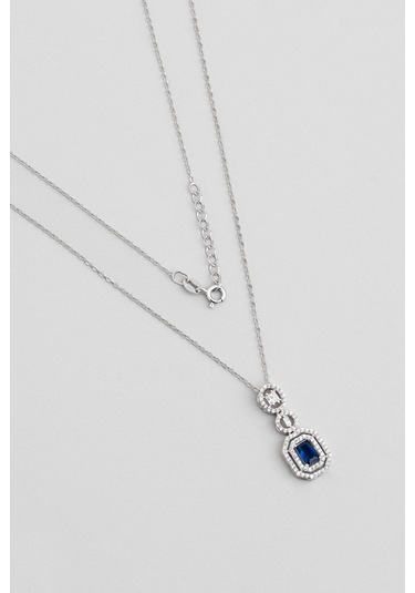 Safir Masalı 18 Ayar Beyaz Altın Kaplama 43 Cm Gümüş Baget Kolye