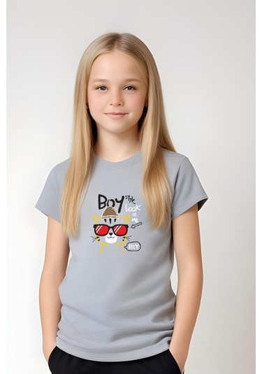 Fyk Kids Kız Çocuk Yuvarlak Yaka Baskılı Boy Cat Alt-üst Pijama Takımı Gri