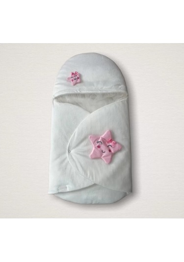 Yenidoğan Çift Yıldız Detaylı Şapkalı Duvaklı Kız Bebek Klasik Kundak Bebek Battaniyesi Ekru Çok Renkli