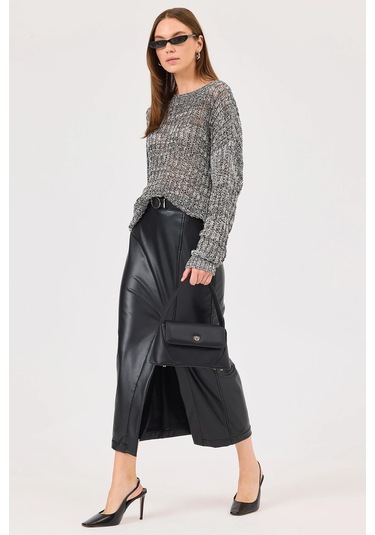 Seçil Kadın Yırtmaçlı Suni Deri Etek 0010 Siyah Siyah