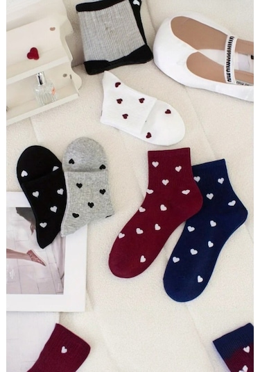 Kadın 5 Çift Premium Kalite Minimal Kalp Desenli Kısa Kolej Çorap Çok Renkli Çok Renkli