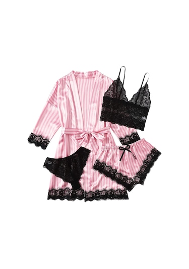 Kadın Pijama Takımları 4 Parça Saten İpek Pijama Takımı Bornoz Mavi