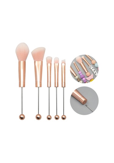 Sones 5'i 1 Arada Metal Saplı Dıy Boncuklu Makyaj Fırçası Seti Allık Gevşek Pudra Eğimli Göz Farı Fırçası, Renk: Gül Altını