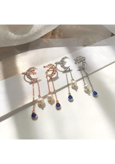 Novahub Ay İncisi Püsküllü Kulak Klipsi Mavi Su Damlası Şeklinde Küpeler Hafif Ve Lüks Trend Altın Altın