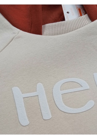 Ekru Sevimli Kabartma Baskılı Kapşonlu 3 İplik İkili Bebek Takımı Ekru