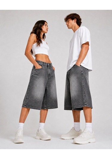 St.poll Eskitme Yıkama Unisex Baggy Denim Şort Füme