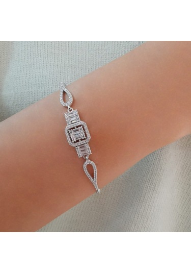 Baget Taşlı Gümüş Bileklik Kare Divan Rodyum (528167774)