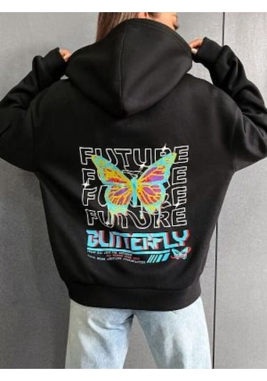 Altamira Unisex Siyah Future Sırt Baskılı Kapşonlu Oversize Sweatshirt 001