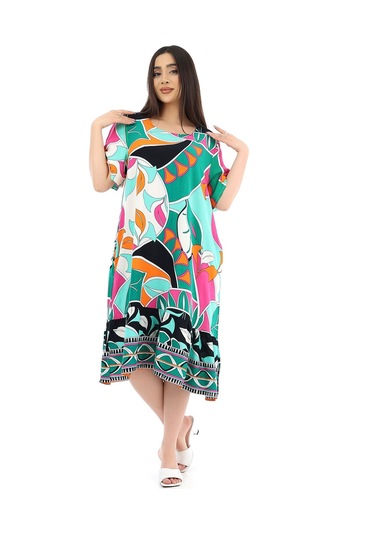 Schık Kadın Viskon Yarım Kol O Yaka Cepli Fırfırlı Elbise Yeşil Yeşil