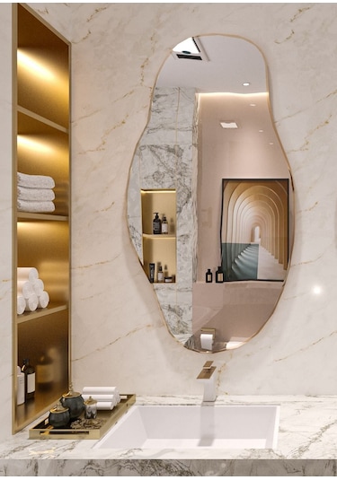 Cg Home Asimetrik Konsol Dresuar Tuvalet Aynası Şişecam Ayna 75 x 40 Gold