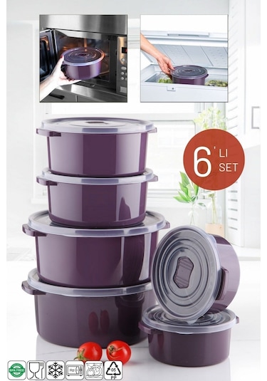 Nandy Home Mikrodalga ve Difrizde Kullanılabilen Yuvarlak Saklama Kabı Seti 6'lı Mürdüm