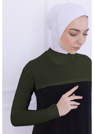 Balıkçı Yaka Boyunluklu Kolluk Haki Yeşil - Likralı Dik Yakalı Kadın Body Tesettür Crop Bolero Haki