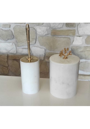 Beyaz Mermer Gold Mercan Aksesuarlı 2'li Banyo Seti Beyaz