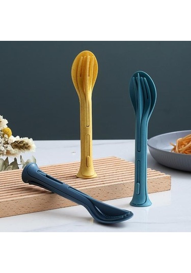 Yeşil 3'ü 1 Arada Seyahat Katlanabilir Çatal Bıçak Takımı Japonya Tarzı Plastik Kesici K Kaşık Öğrenci Yeşil