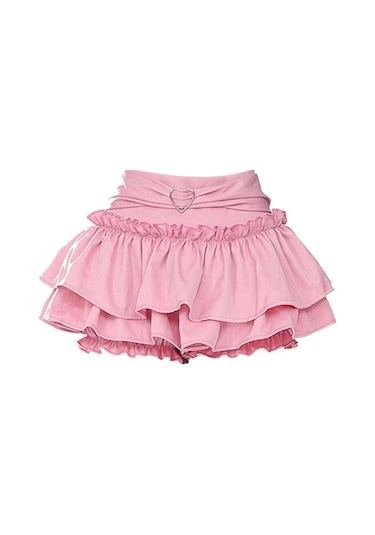 Kadınlar İçin Ruffle Mini Etek Yazlık Düz İnce A Kesim Şort Kek Etek Kawaii Sevimli Stil Y2k Giysileri Sokak Giyimi Pembe