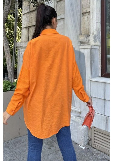 Turuncu Taş Detaylı Keten Klasik Gömlek Turuncu