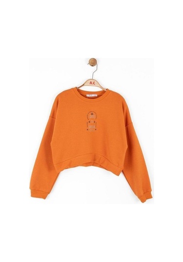 Kız Çocuk Pamuklu İki İplik Crop Sweatshirt-14706 Turuncu