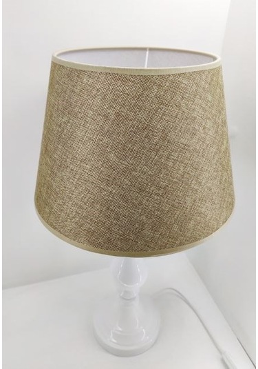 Beyaz Metal Yüksek Ayaklı Kahverengi Kumaş Şapkalı Abajur Kahverengi