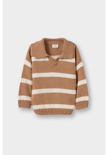 Defacto Erkek Bebek Polo Yaka Çizgili Kazak C8879a525auer105 Ekru