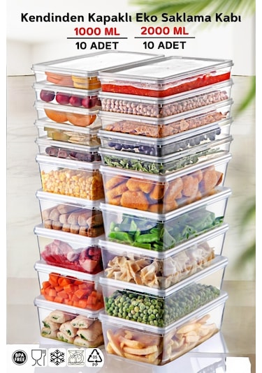 Ny Home 20'li Set Kendinden Kapaklı Derin Dondurucuya Uygun Saklama Kabı 1 Lt. Ve 2 Lt.