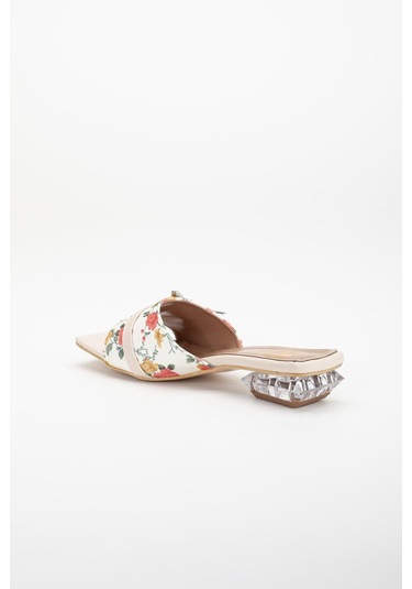 Çiçekli Saten Kelebek Taş Tokalı Ten Kadın Kısa Topuklu Terlik-3088-ten Ten