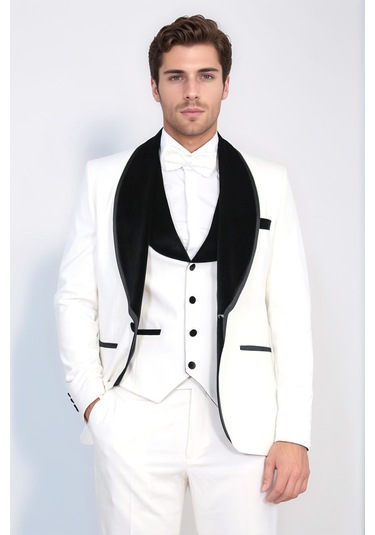 Klasik Kadife Yaka Beyaz Smokin Takım - Wessi Mavi