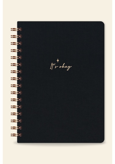 A5 Spiralli Sert Kapak Keten Çizgili Tarihsiz Not Defteri Siyah Siyah