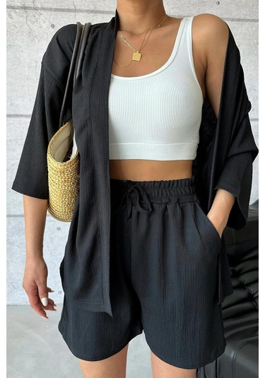 Kadın Siyah Kimono Gömlek Şort Alt Üst Takım