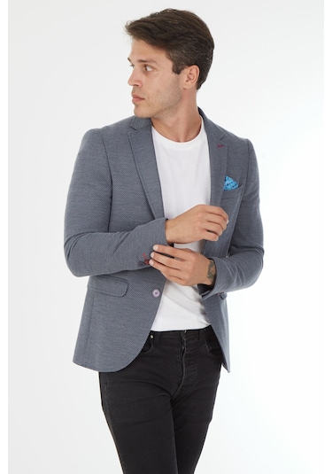 Sposo 5136 Dar Kalıp Örme Kumaş İndigo Erkek Blazer Ceket İndigo