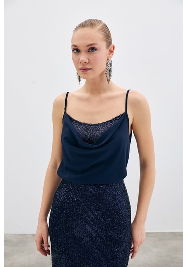 Sateen Degaje Yaka Bluz - Lacivert-135514 Lacivert