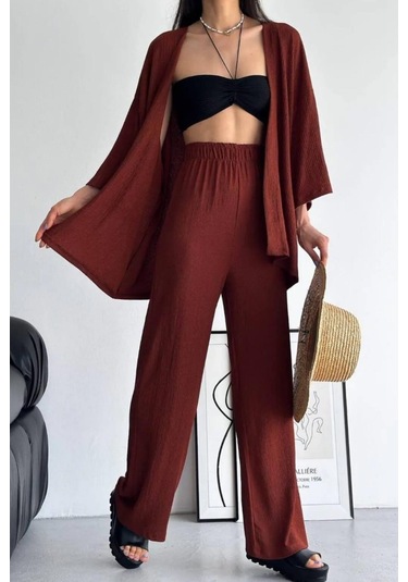 Trend Alisse Bol Paça Palazzo Kadın Alt Üst Takım Kahverengi Acı Kahverengi