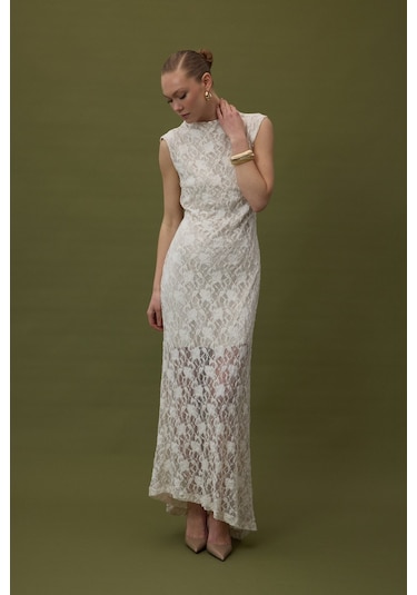 Sateen Dantel Kolsuz Elbise - Bej-137061 Bej