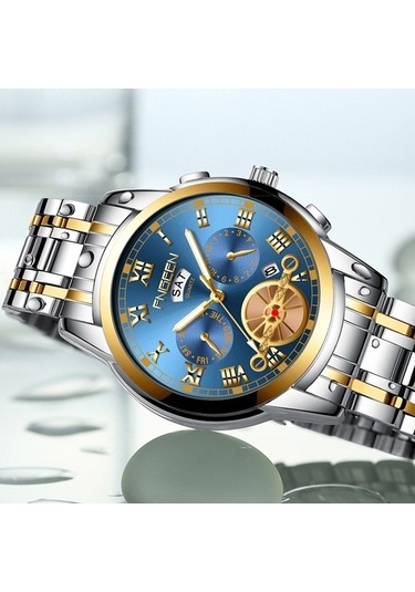 Novahub Fngeen 4001 Erkekler Kuvars Saat, Kahverengi Deri Altın Siyah Yüzey, Çok Renkli Fonksiyonlar Çok Renkli