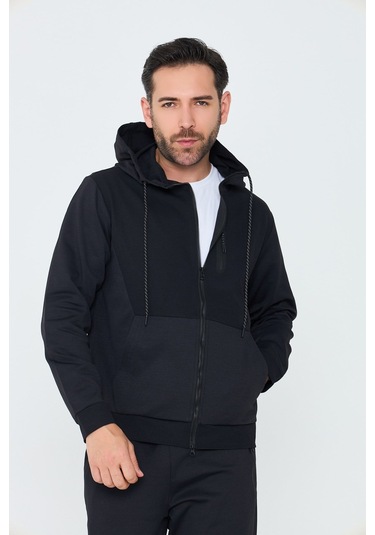 White Stone Siyah Kapüşonlu Fermuarlı Erkek Sweatshirt